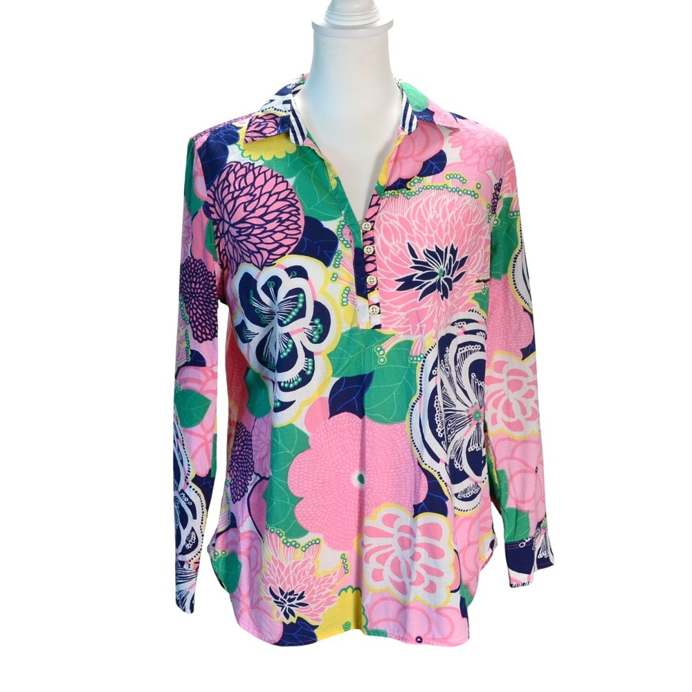Talbots Petites Floral Henley Blouse Casual Spring Pink Multicolor 100% Cotton